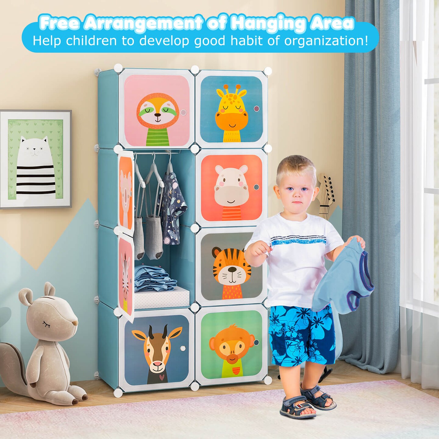 Costway 8-Cube Kids Wardrobe Baby Dresser Bedroom Armoire Clothes Hanging Closet with Doors Blue/Pink/White
