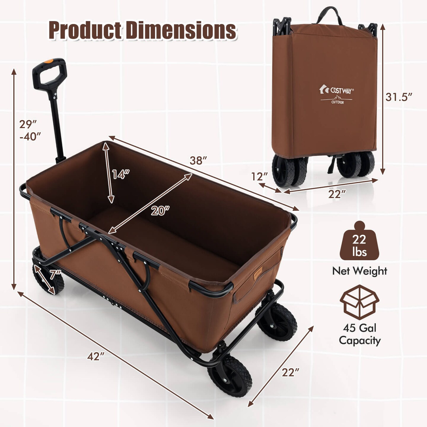 Costway Heavy-Duty Wagon Cart with Adjustable Handlebar Bottle Holders & Storage Pocket Coffee/Grey