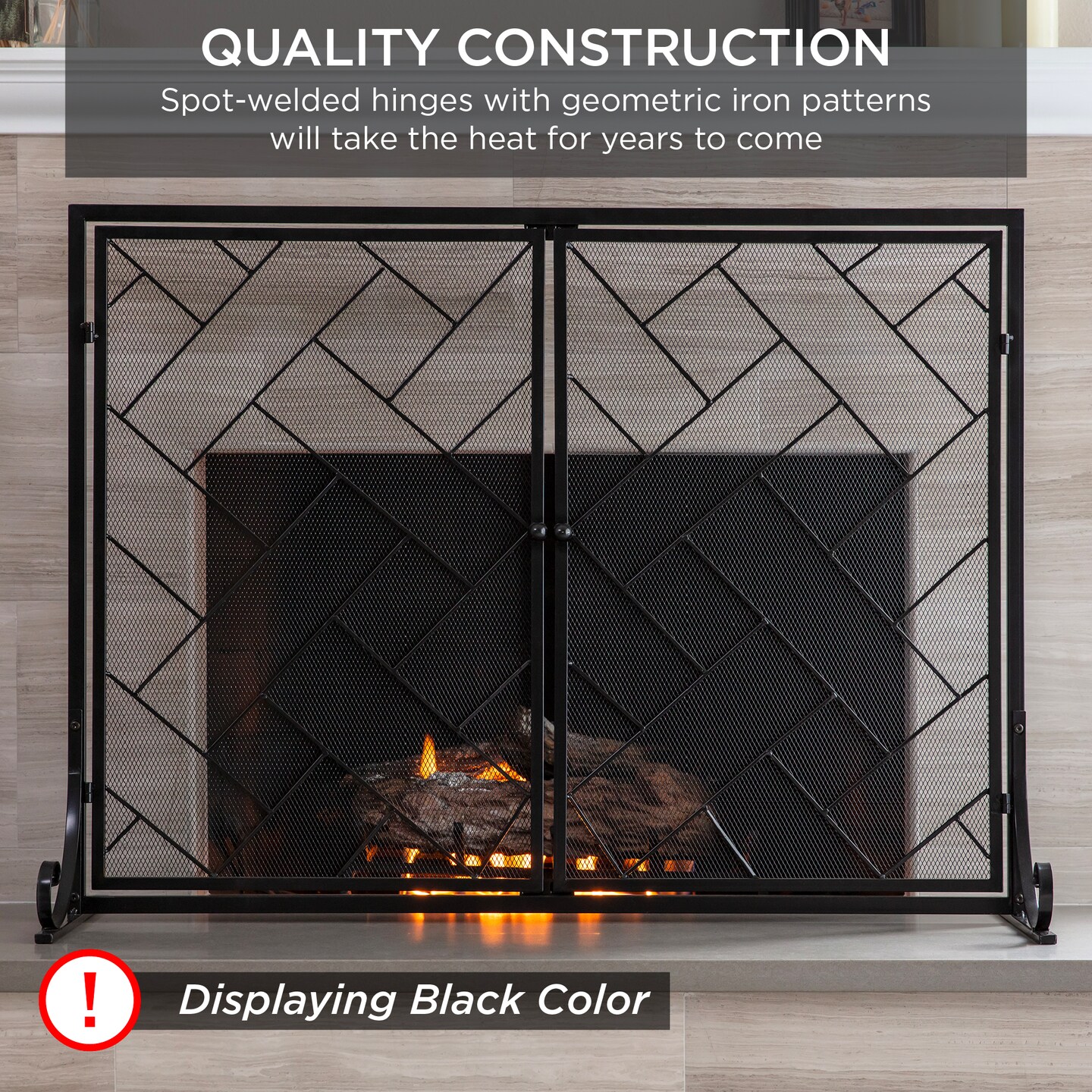 Best Choice Products 44x33in 2-Panel Handcrafted Wrought Iron Geometric Fireplace Screen w/ Magnetic Doors
