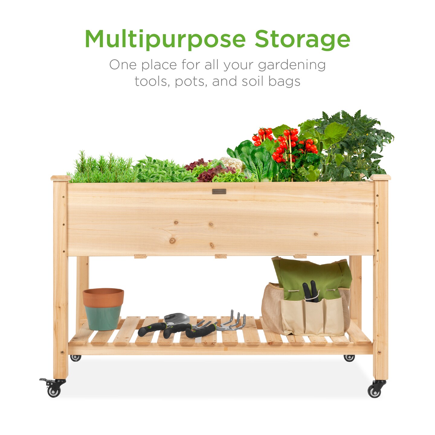 Best Choice Products Raised Garden Bed 48x23x32in Wood Mobile Elevated Planter w/ Wheel Locks, Shelf, Liner
