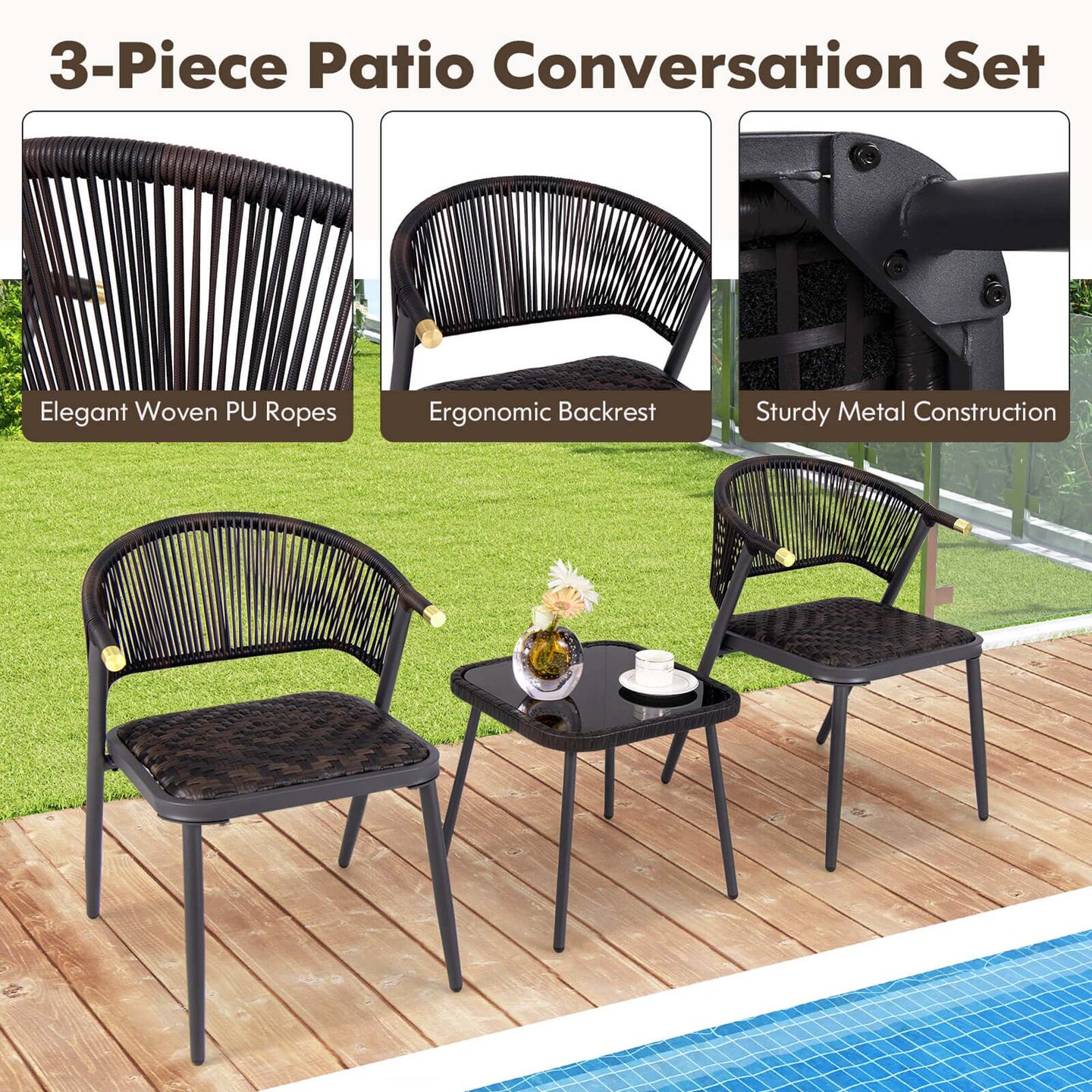 Costway 3 PCS Patio Rattan Furniture Set with Tempered Glass Tabletop Wicker Seat