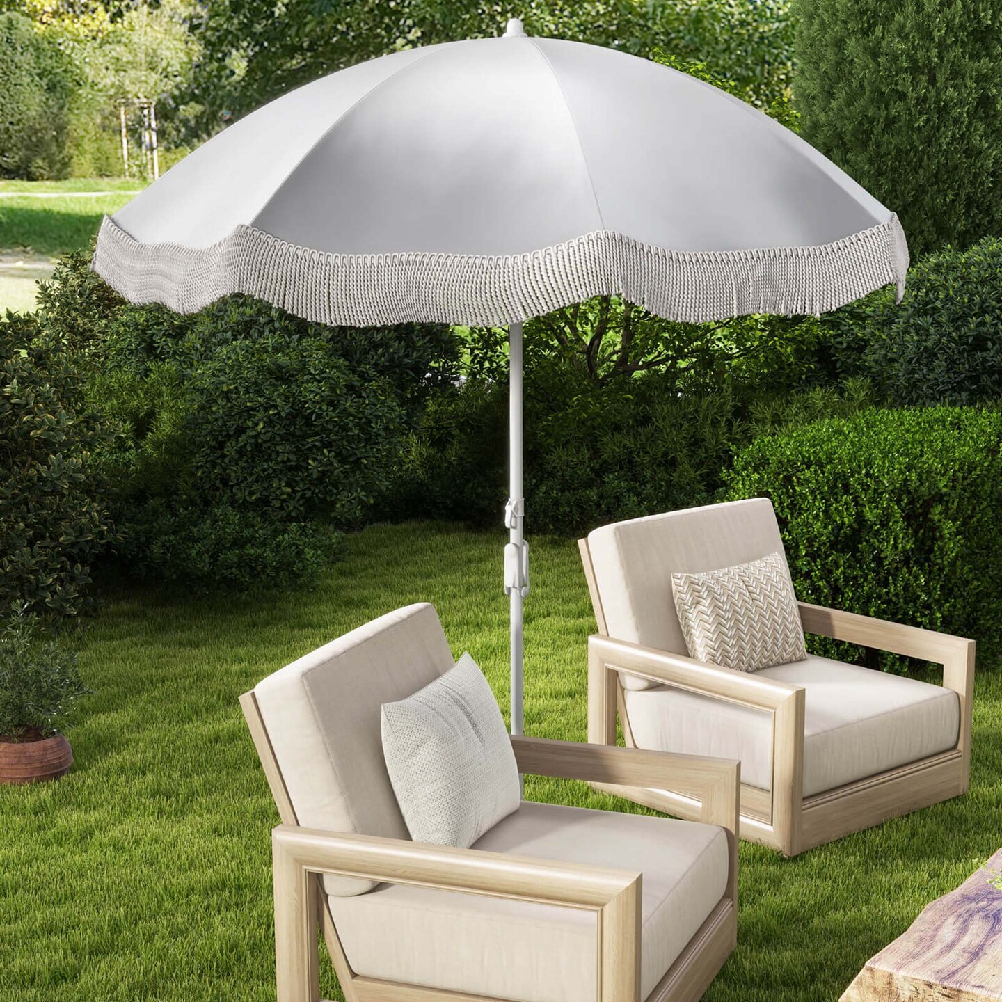 Goplus 6.5 FT Outdoor Fringe Patio Umbrella with Carrying Bag Push Button Tilt for Garden White/Navy/Green