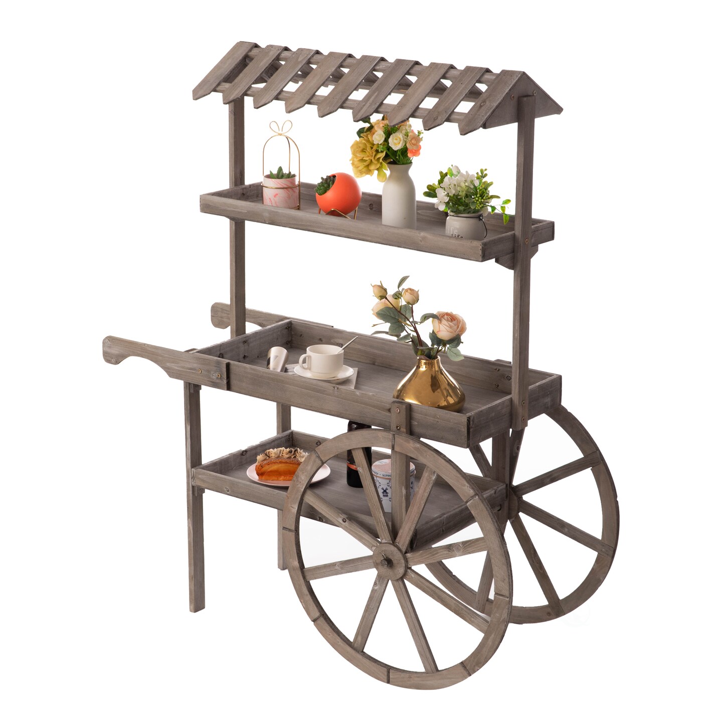 Antique Rustic Wood Display Rack Cart 3 Tier Plant Stand With Wheels 47.75 Inch