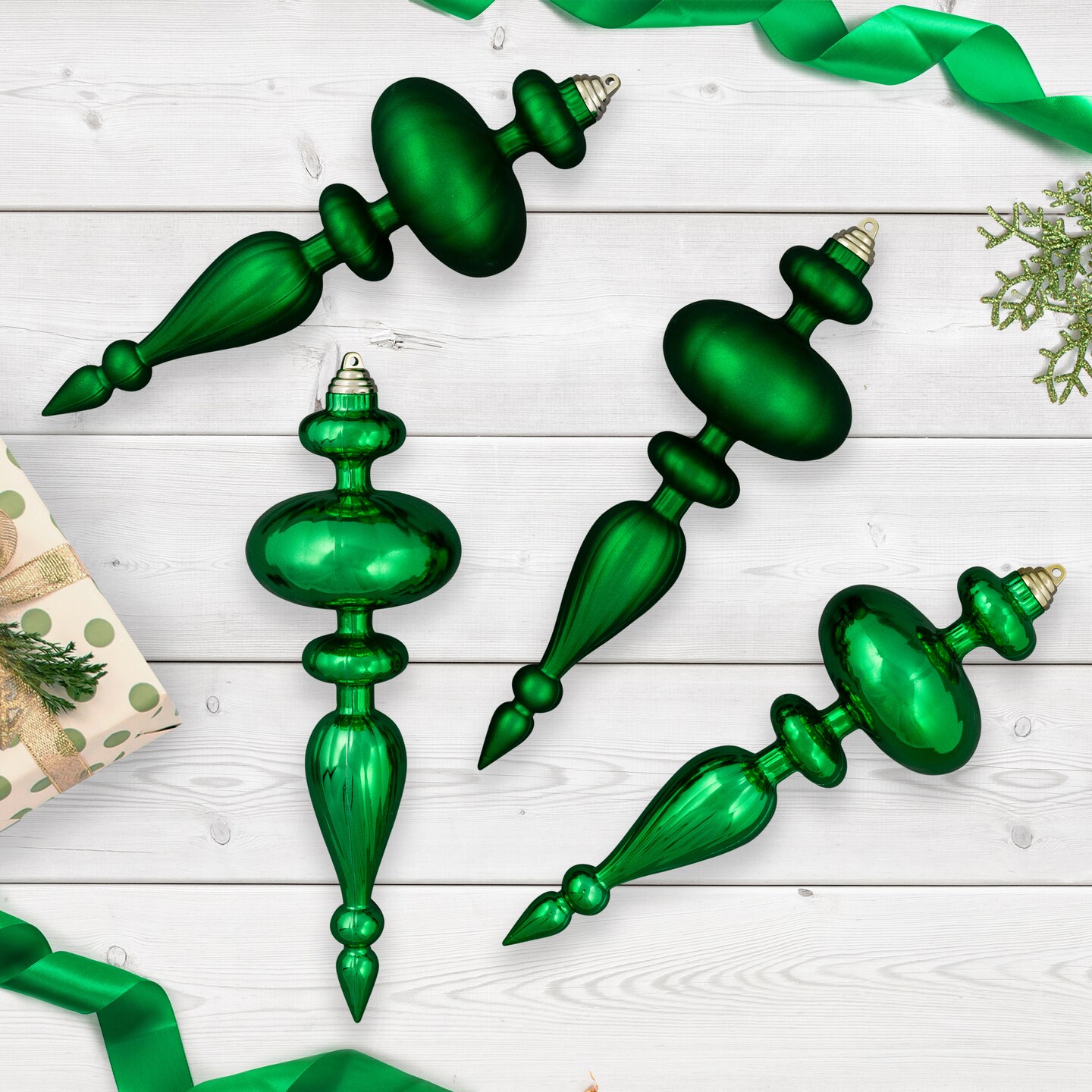Northlight Shatterproof Commercial Size Finial Christmas Ornaments - 14&#x22; - Green - Set of 4