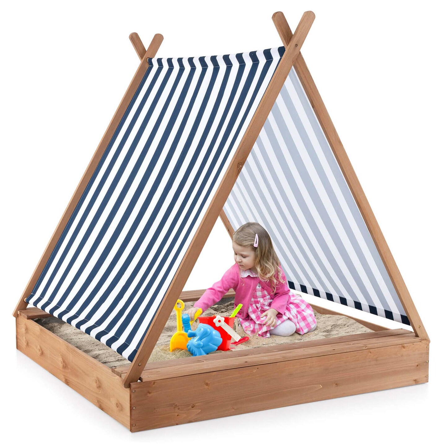 Costway Wooden Sandbox with Canopy Tent Design Fir Wood Frame 2 Bench Seats Bottom