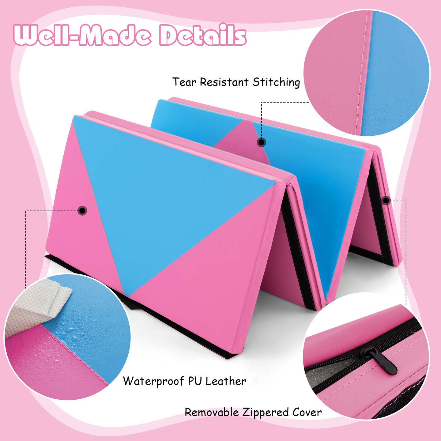8 Feet PU Leather Folding Gymnastics Mat with Removable Zippered Cover and Hook and Loop Fasteners