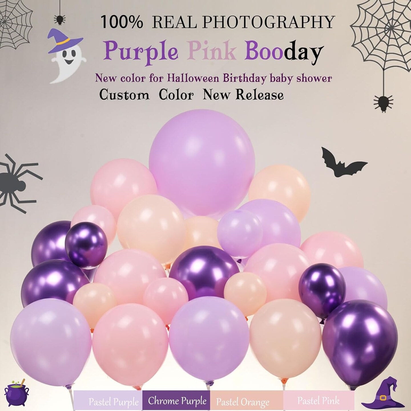 130pcs Pastel Halloween Balloon Garland Arch Kit – Purple, Pink & Orange Party Decorations with Bat and Ghost Foil Balloons for Birthday, Summerween, Baby Shower & Spooky Celebration Decor