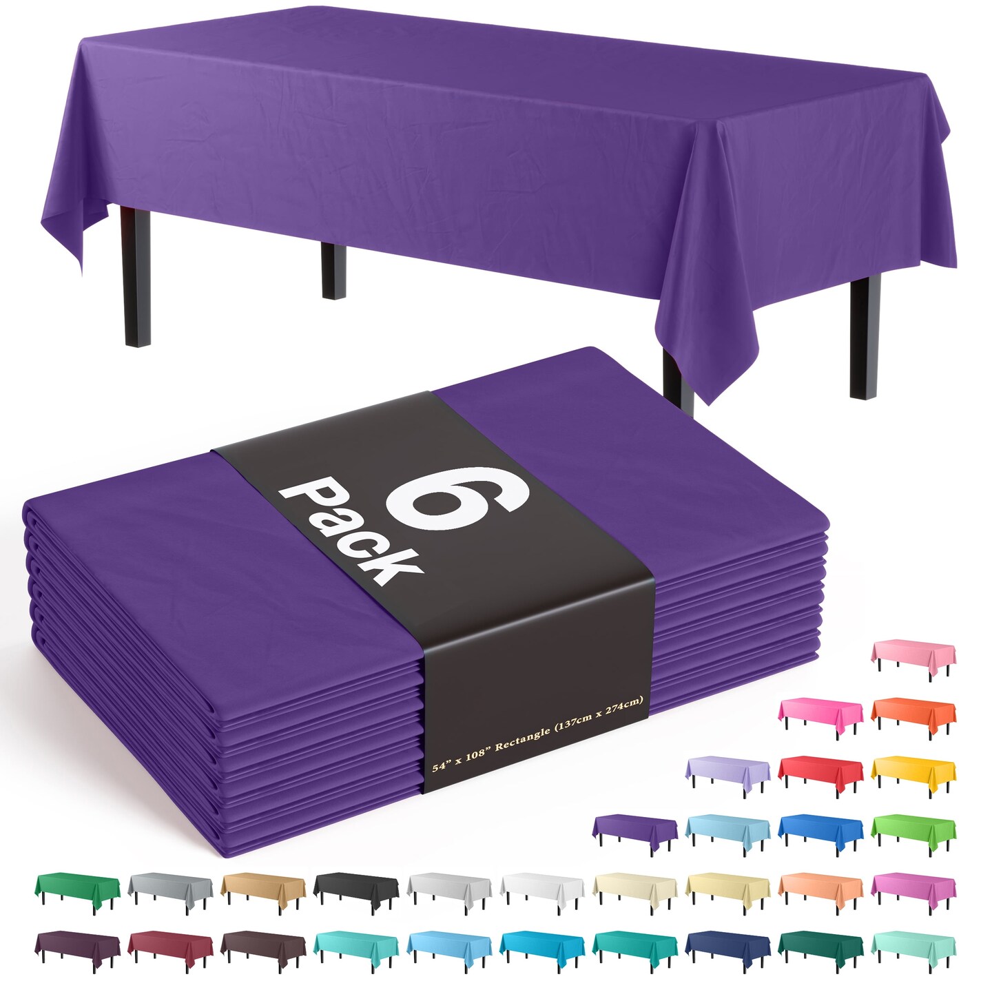 Exquisite 6-Pack Premium Plastic Tablecloth 54in. x 108in. Rectangle Plastic Table Cover