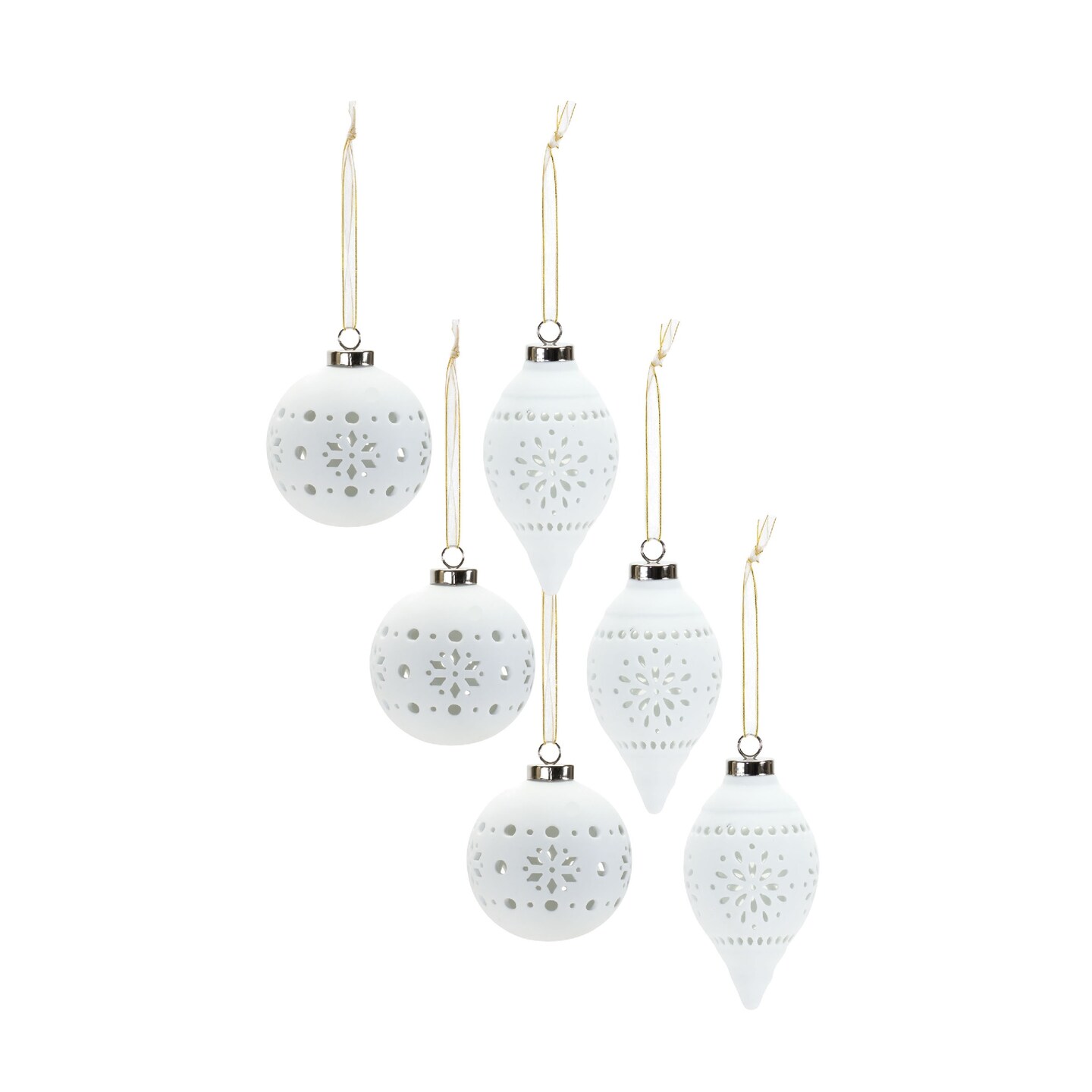 Melrose Set of 6 White Snowflake Porcelain Christmas Ornaments 5.5&#x22;
