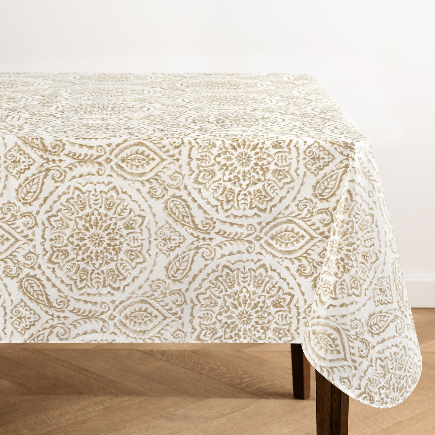 Threadmade Home Savannah Boho Paisley Printed Vinyl Indoor/Outdoor Tablecloth, Taupe - 60"W x 84"L