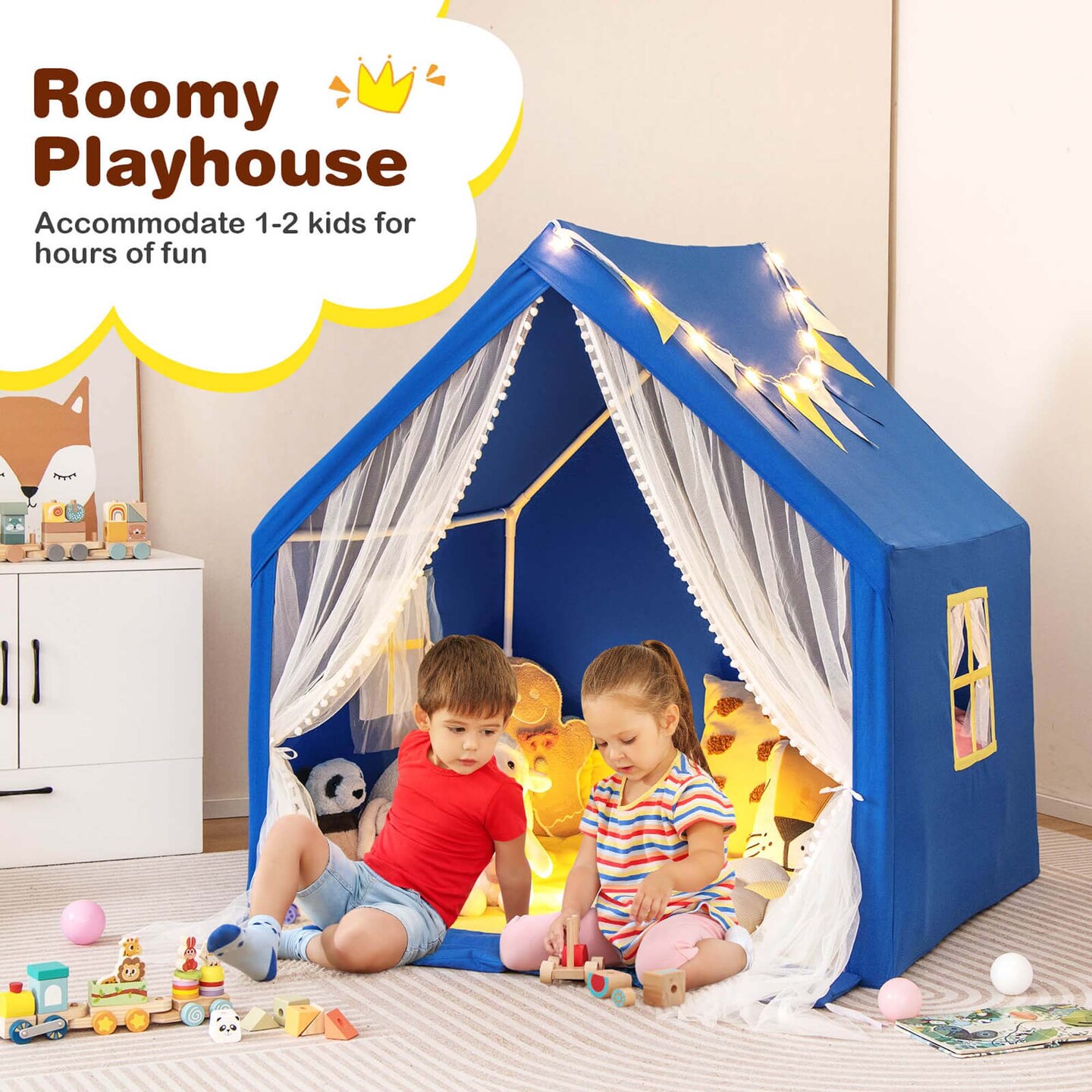 Costway Large Play Tent Kids & Toddlers Playhouse with Washable Cotton Mat, Star Lights