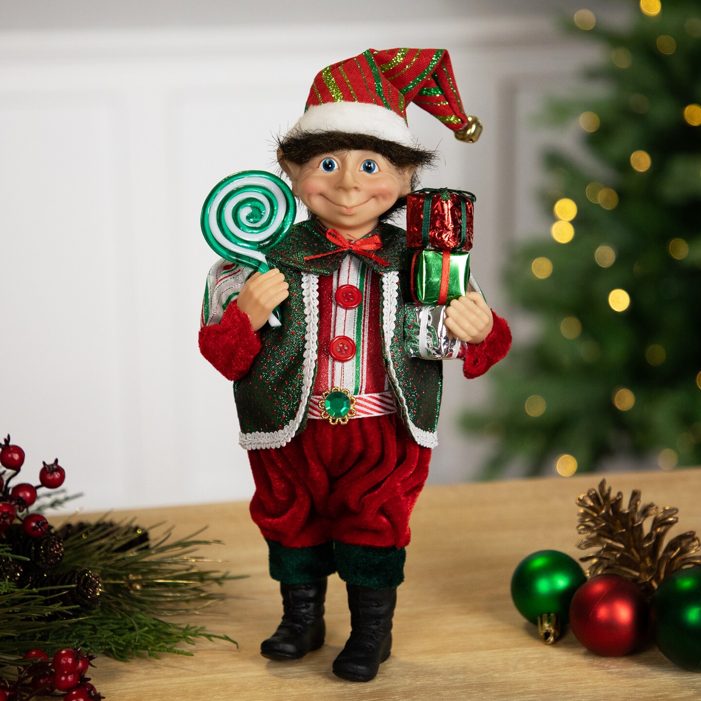 Northlight Lollipop Elf with Gifts Christmas Figure - 12&#x22;