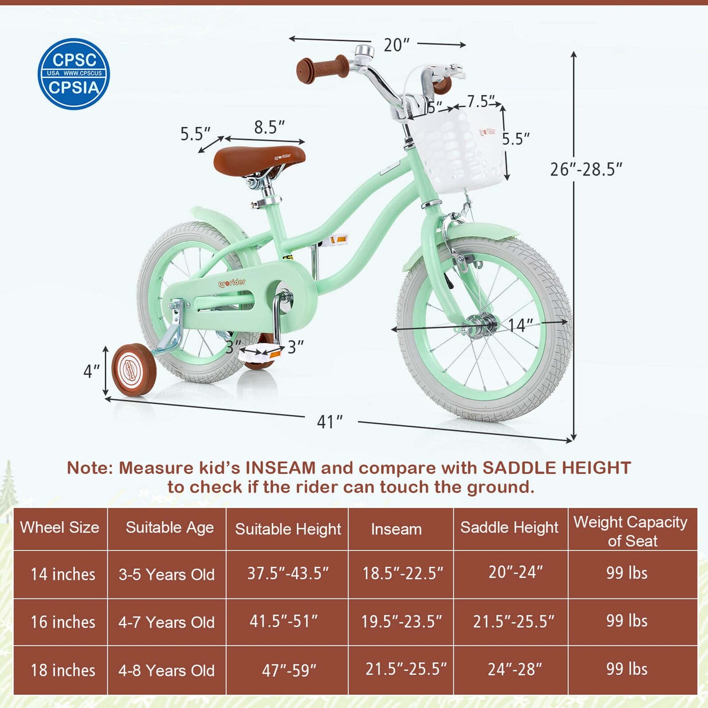 Costway 14&#x27;&#x27; Kid&#x27;s Bike with Removable Training Wheels &#x26; Basket for 3-5 Years Old Pink/Blue/Green/Beige/Purple/Light Blue