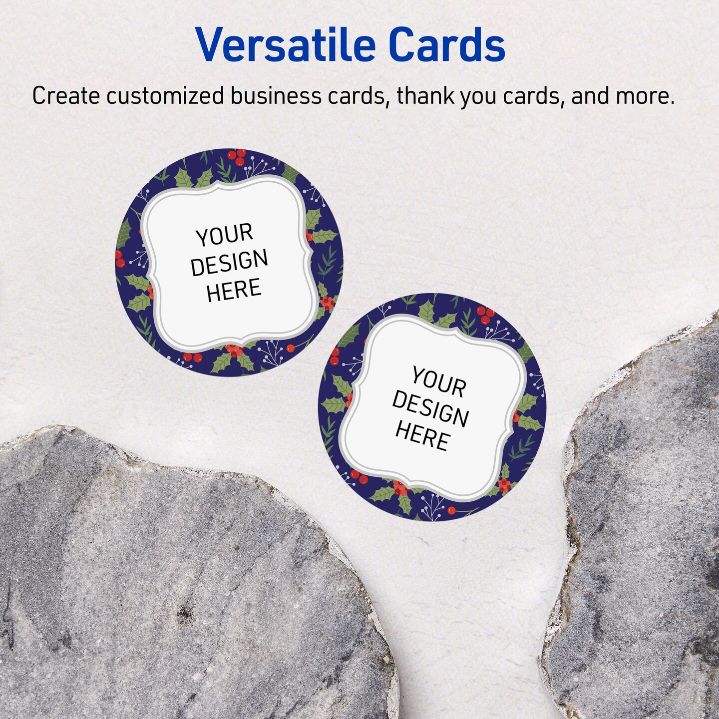 Avery Printable Business Cards with Sure Feed Technology, Round, 2" Diameter, Pre-Printed Navy Border with Silver Metallic Frame Design, Matte White, Laser & Inkjet Compatible, 120 Total