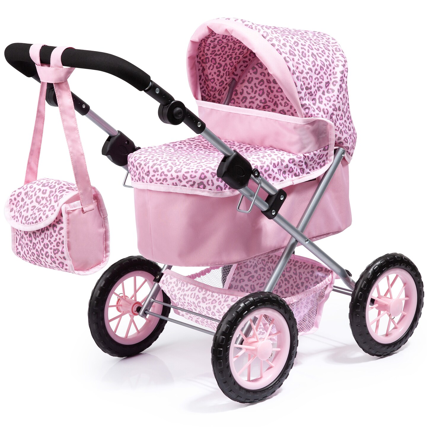 Bayer: Trendy Pram - Pink & Animal Print- Includes Shoulder Bag, Fits Dolls Up to 18", Adjustable Handle, Pretend Play, Shopping Basket