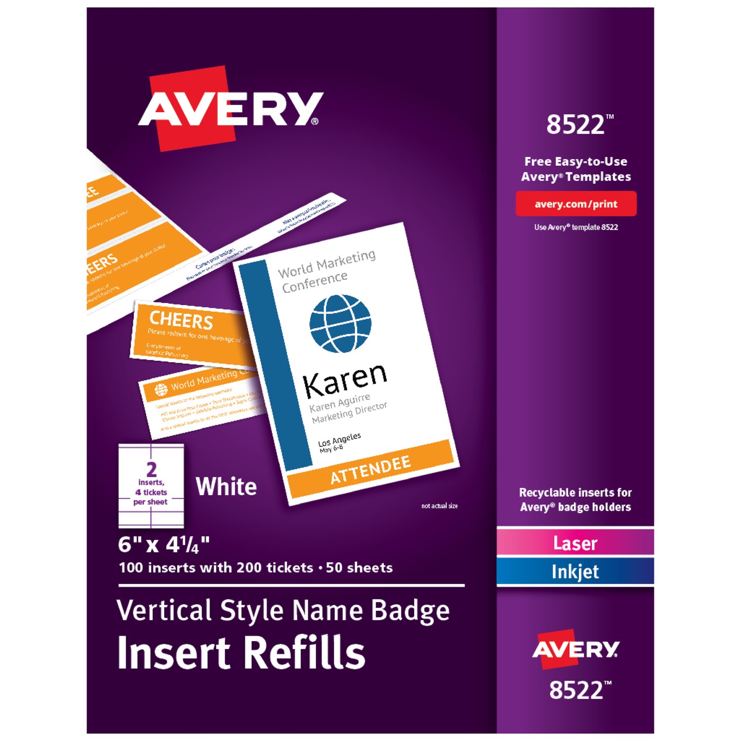 Avery Customizable Name Badge and Ticket Inserts, 6" x 4.25", White, 100 Printable Name Tag Inserts with Tickets (8522)