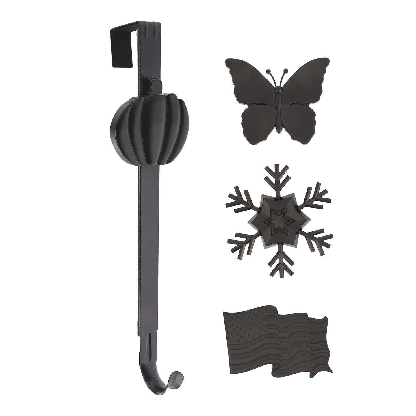 Haute Decor Adjustable Length Wreath Hanger with Interchangeable Icons (4 Wreath Hangers in 1) (Matte Black-Flag/Snowflake/Butterfly/Pumpkin)