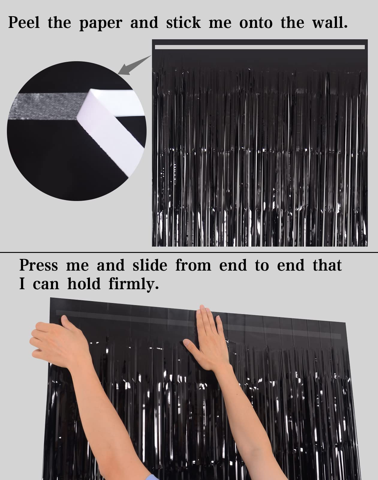 Black [Tinsel] Foil Fringe [Curtain] s, Melsan 3.2 x 8 ft Streamer Backdrop for Birthday, Graduation, Fiesta, Halloween [Party] Decor - Pack of 2 &#x26; Organizer Storage Tote Bag