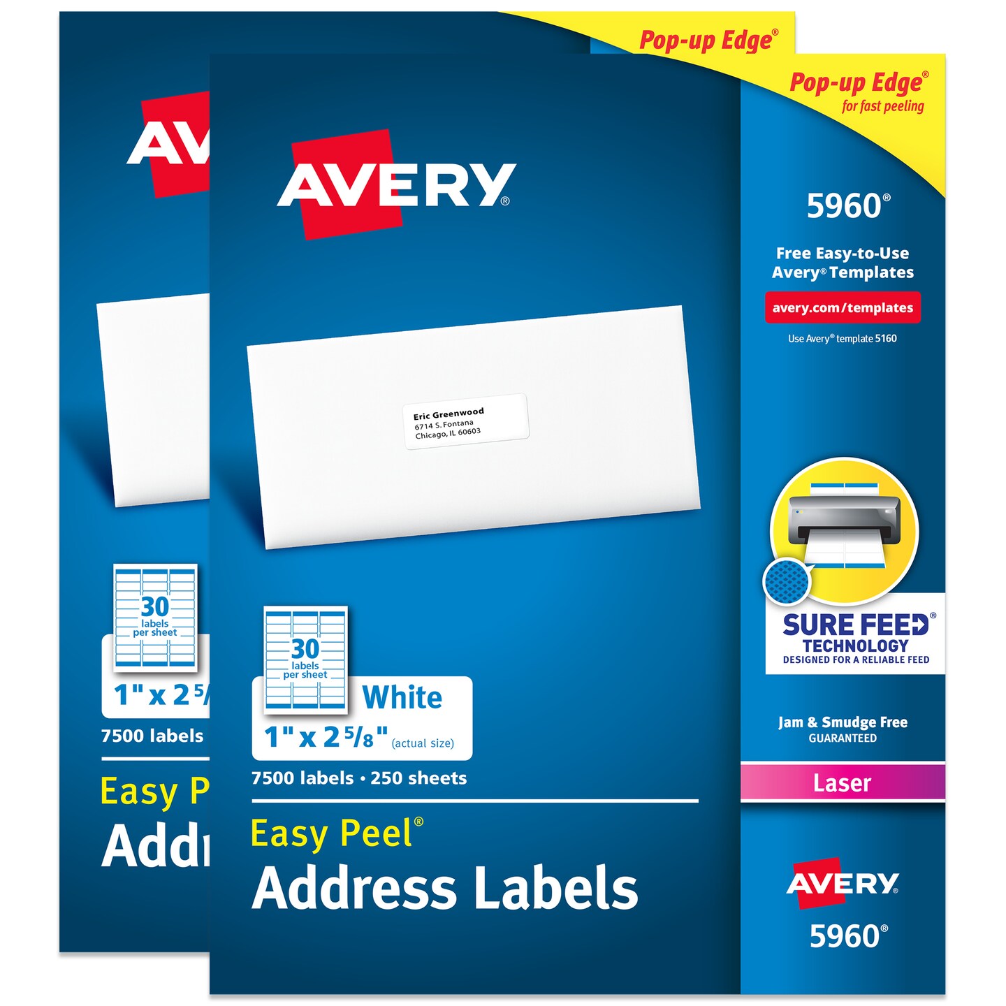 Avery Easy Peel Printable Address Labels with Sure Feed, 1&#x22; x 2-5/8&#x22; Customizable Stickers, White, 7,500 Blank Mailing Labels, Great for Mailing, Shipping, and More (5960) - 2 Pack