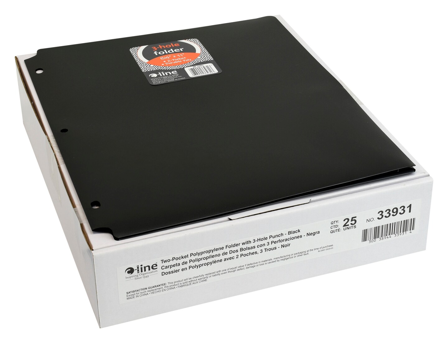C-Line 2-Pocket Poly Folder, 3 Hole Punched, Black, Pack of 25