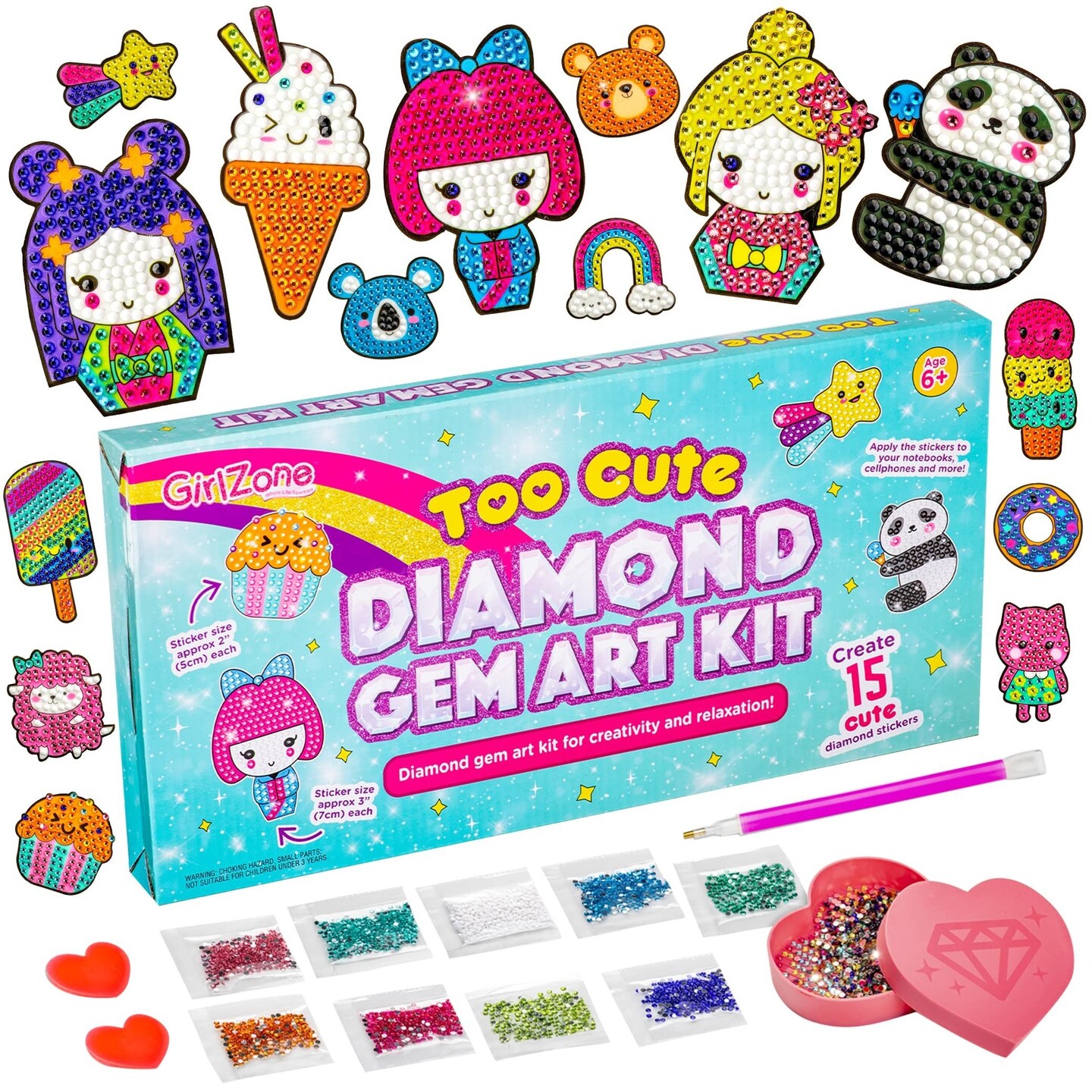 GirlZone Diamond Gem Art Kit, Diamond Art Kit to Make Diamond Art for Kids with Gem Stickers and Diamond Stickers, Fun Diamond Art for Kids Ages 8-12