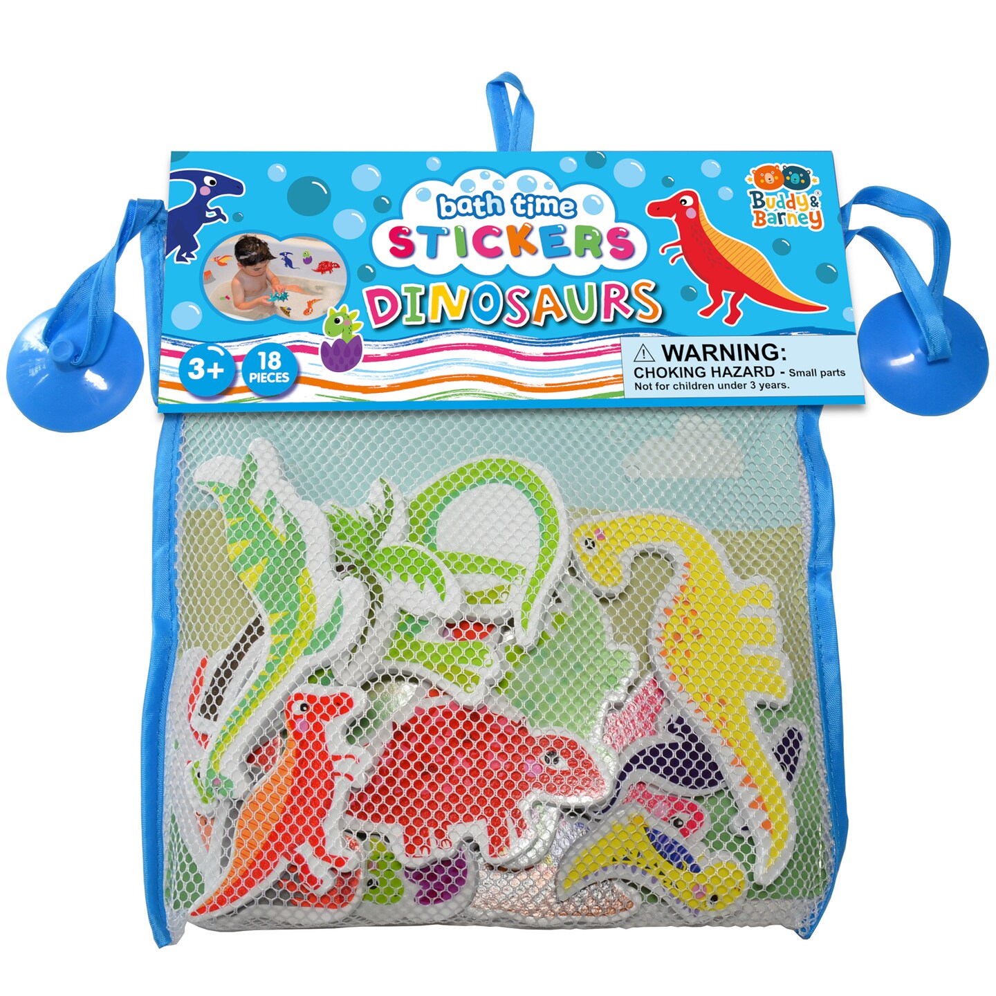 Buddy & Barney: Bath Time Stickers - Dinosaurs - 18 Foam Dino Character Pieces, Suction Cup Mesh Storage Bag, Prehistoric Play, Water Toy, Kids 3+