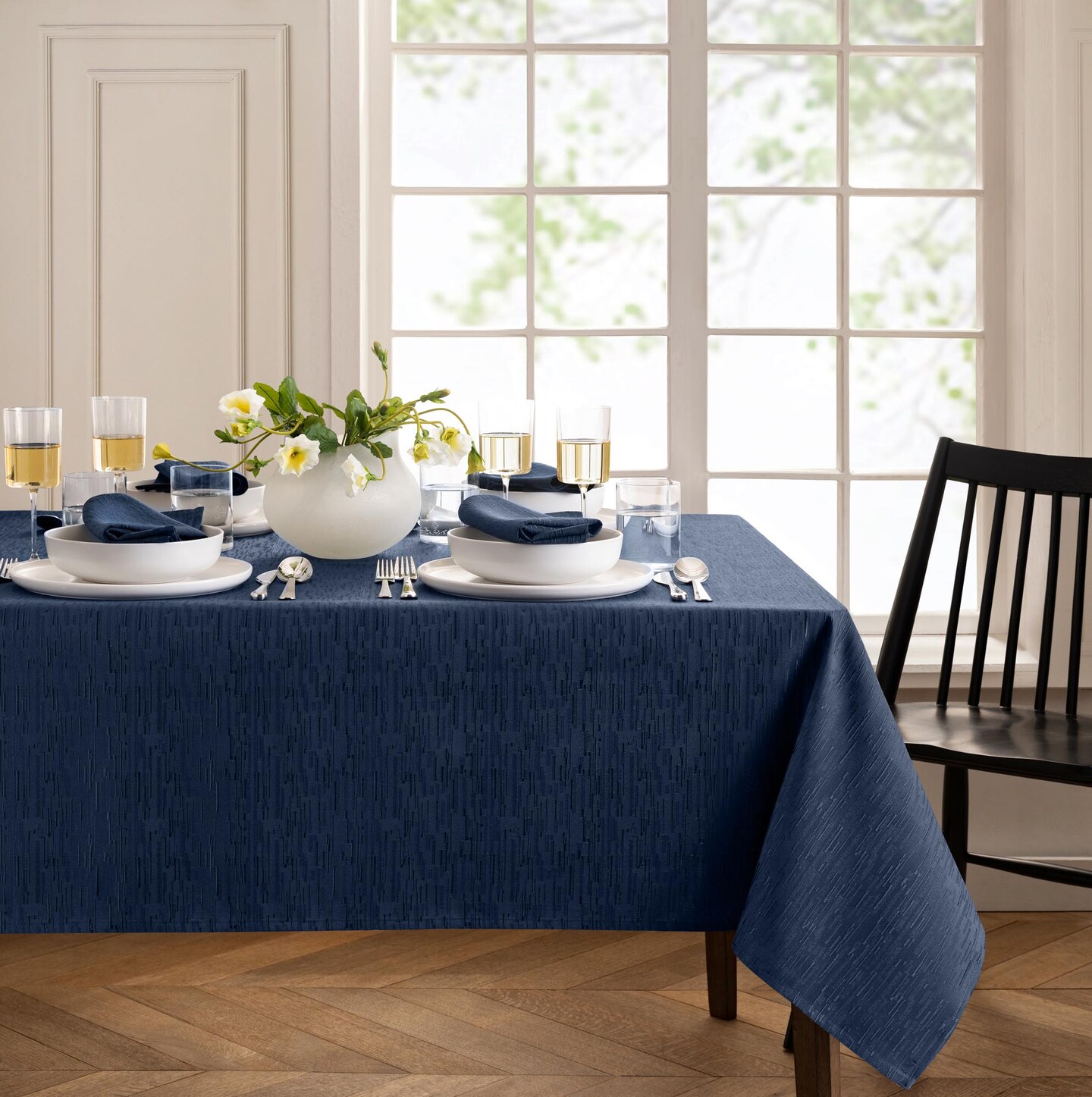 Threadmade Home Continental Solid Texture Water Resistant Tablecloth, Navy - 60"W x 144"L