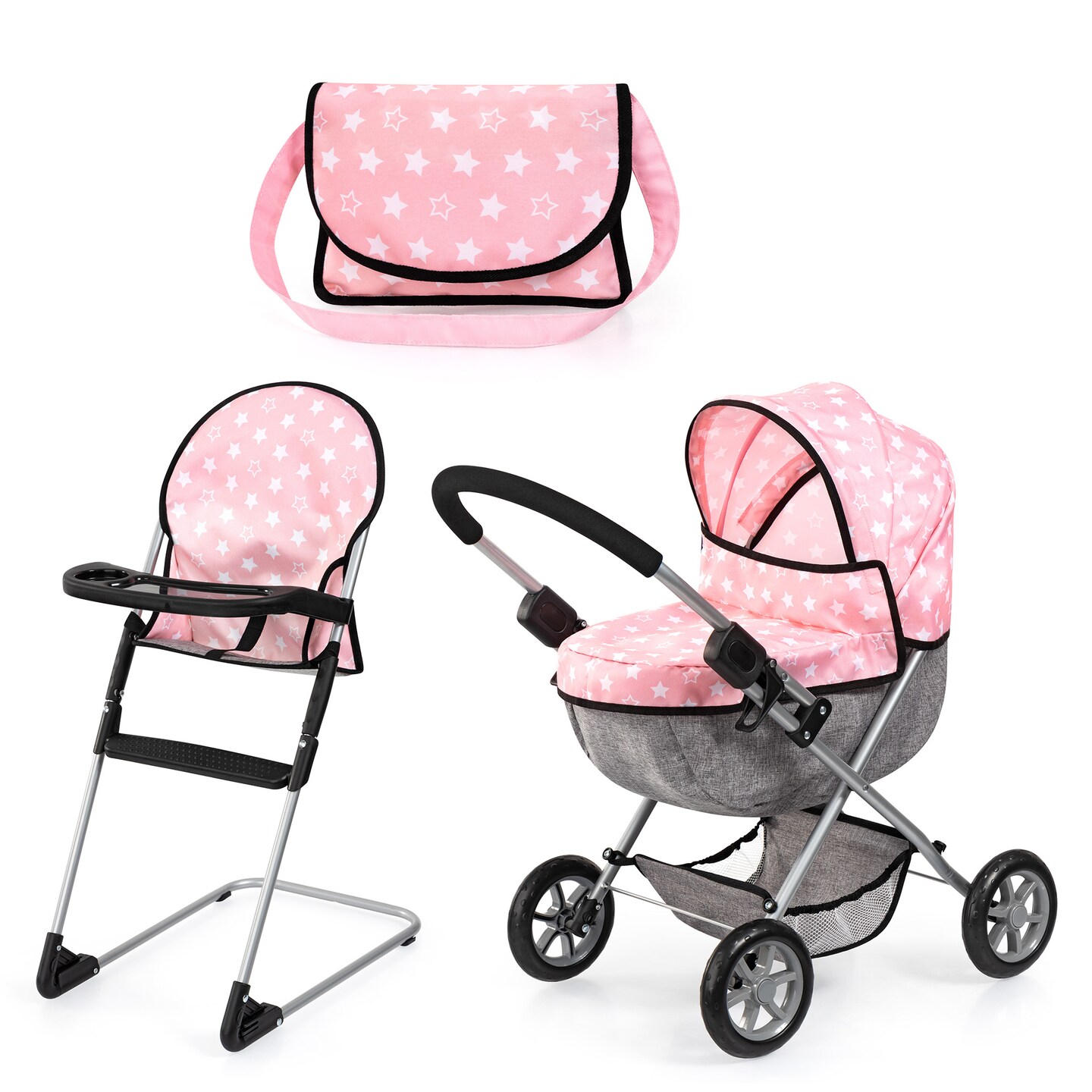 Bayer Design Dolls Cozy 3 Piece Set Pink Grey Stars Folding Pram Highchair Shoulder Bag Accessory Set For Dolls Up To 18