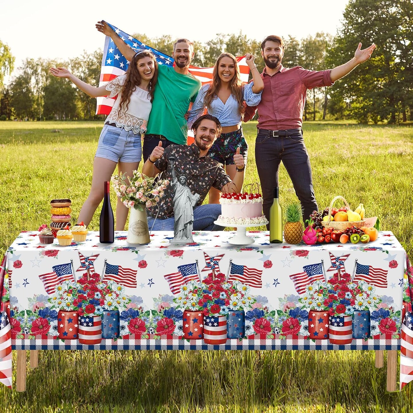 3 Pack 4th of July Tablecloth Decorations, Vase Flower Patriotic Plastic Table Cover