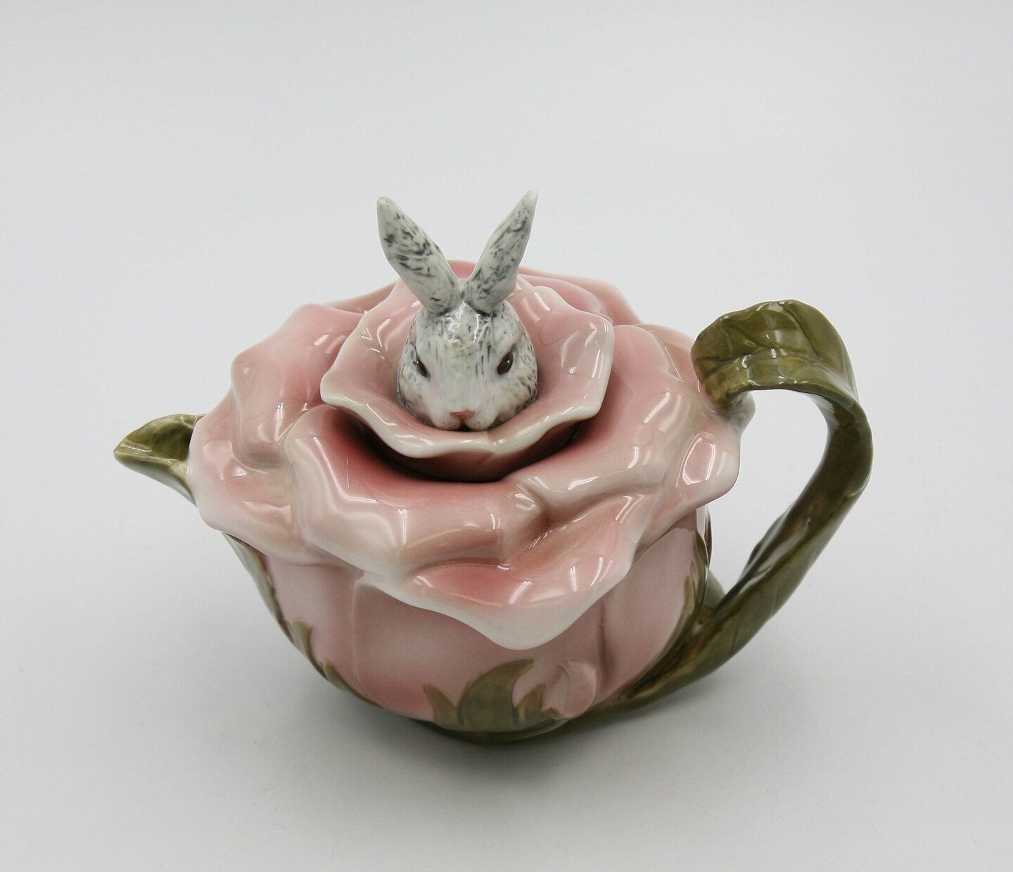 Ceramic Bunny Rabbit on a Rose Teapot, Easter Decor, Gift for Mom, Tea Party Décor, Café Décor, Spring Kitchen Decor