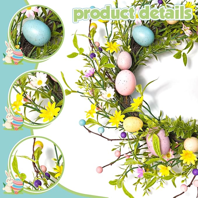 Easter Wreath for Front Door, 18 Inch Easter Egg Wreath with Daisy Flowers and Pastel Eggs, Spring Door Wreaths for Home Easter Decorations