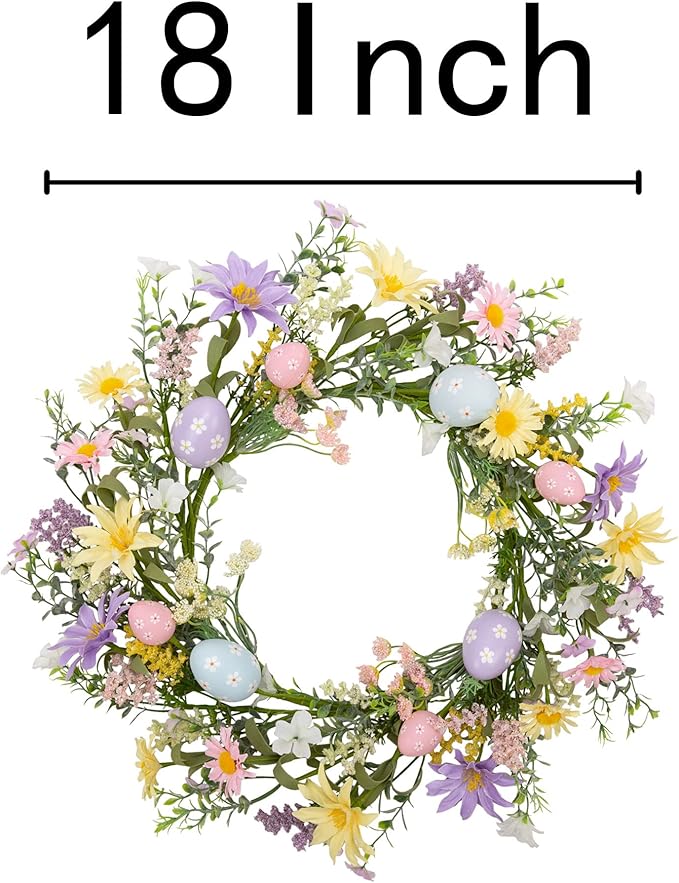 18 Inch Pastel Egg Easter Wreath with Wild Flowers for Front Door Spring Decorations