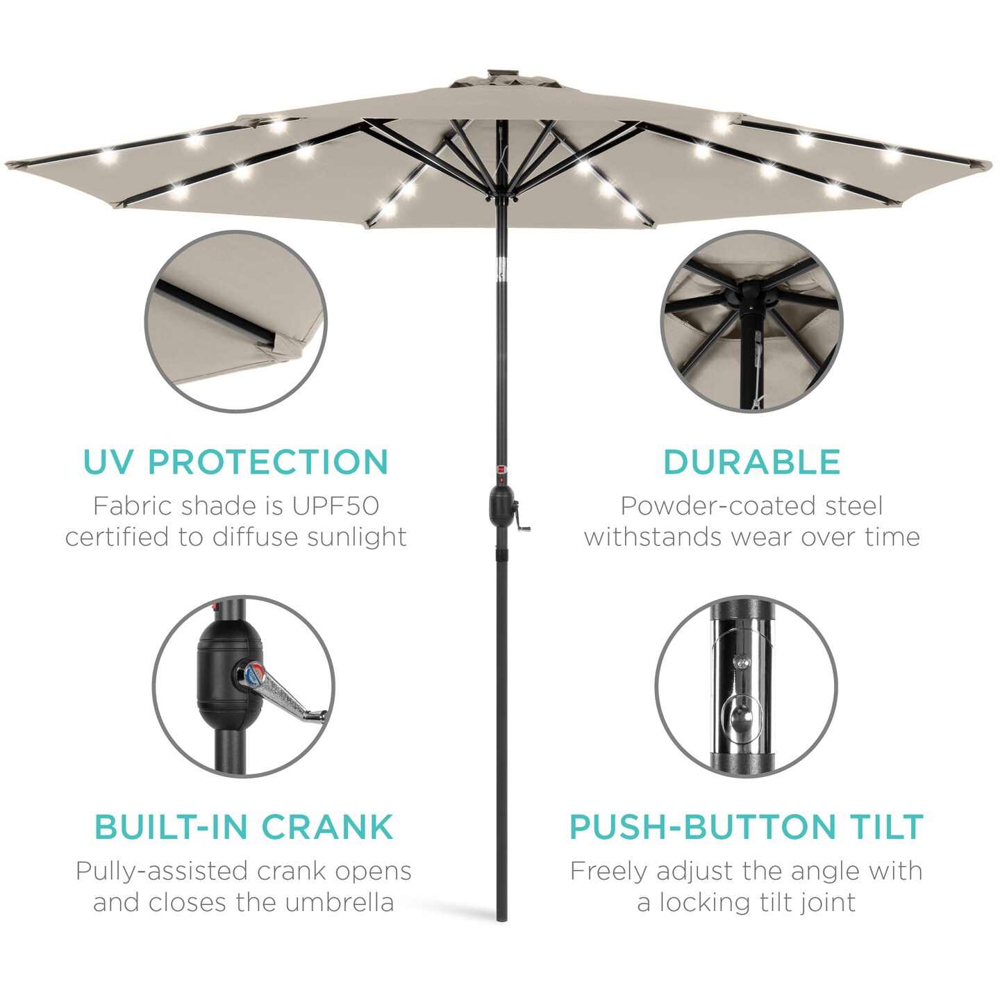 Best Choice Products 10ft Solar LED Lighted Patio Umbrella w/ Tilt Adjustment, UV-Resistant Fabric