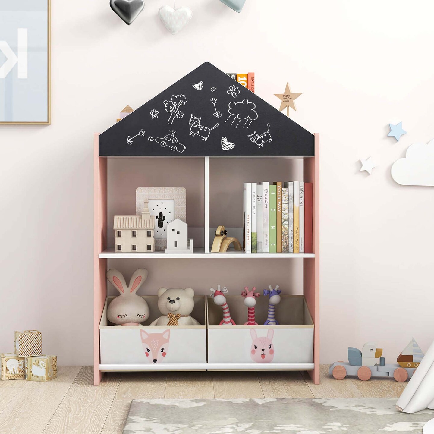 Costway Kids Dollhouse Bookshelf with Writable Chalkboard  Whiteboard 4 Top Compartments Gray/Pink
