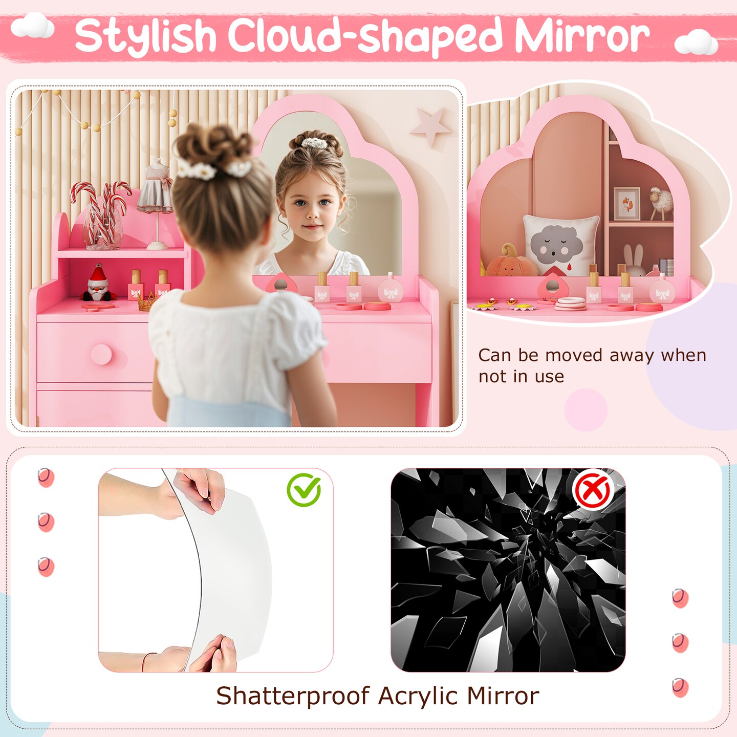 Kids Vanity Set, Cloud Shape Mirror, Storage and Pine Wood Stool