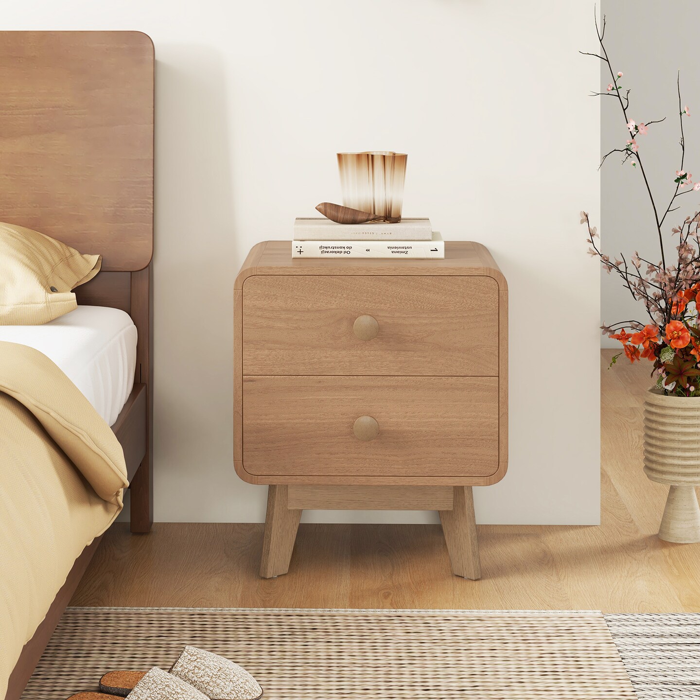 MDF and Rubber Wood Nightstand with 2 Drawers and Mid-Century Modern Design
