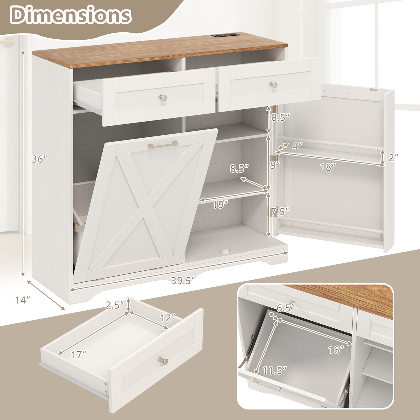 Tilt Out Wooden Trash Can Cabinet with 3 Position Adjustable Shelf and Power Outlets
