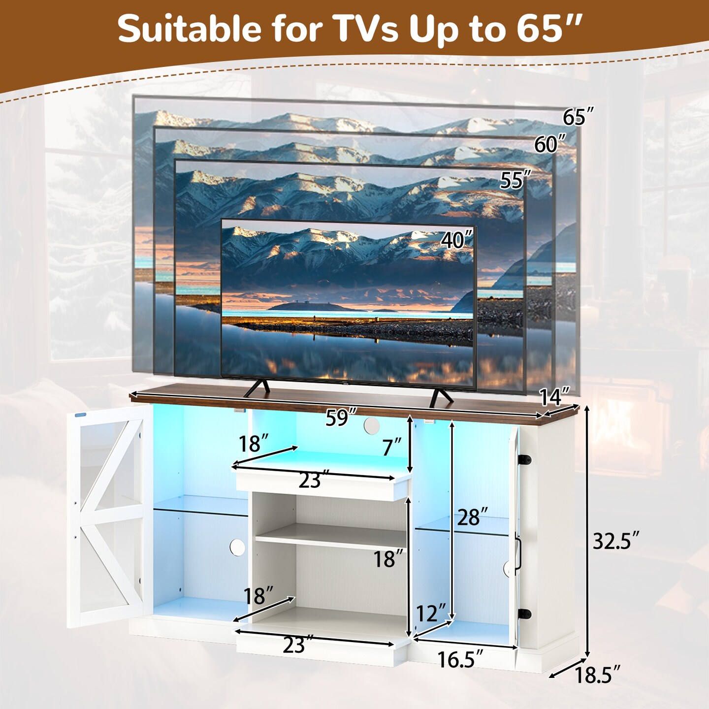 White Tempered Glass TV Stand with LED Lights, Adjustable Shelves and Console Table Storage