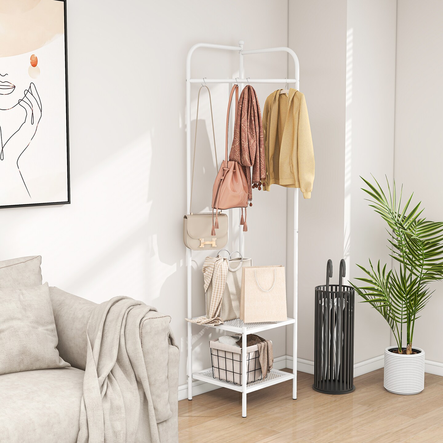 Corner Coat Rack with Top Hanger and 2 Mesh Shelves for Entryway