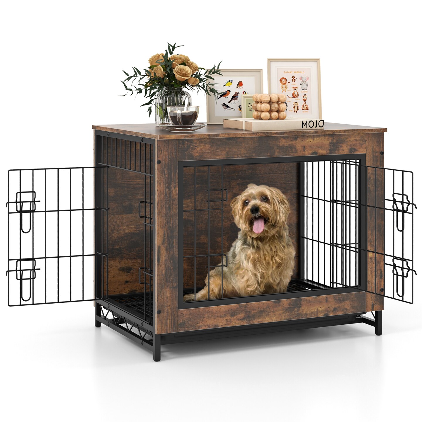 Rustic Brown MDF Metal Dog Crate Furniture with Dual Lockable Doors and Pull-Out Tray
