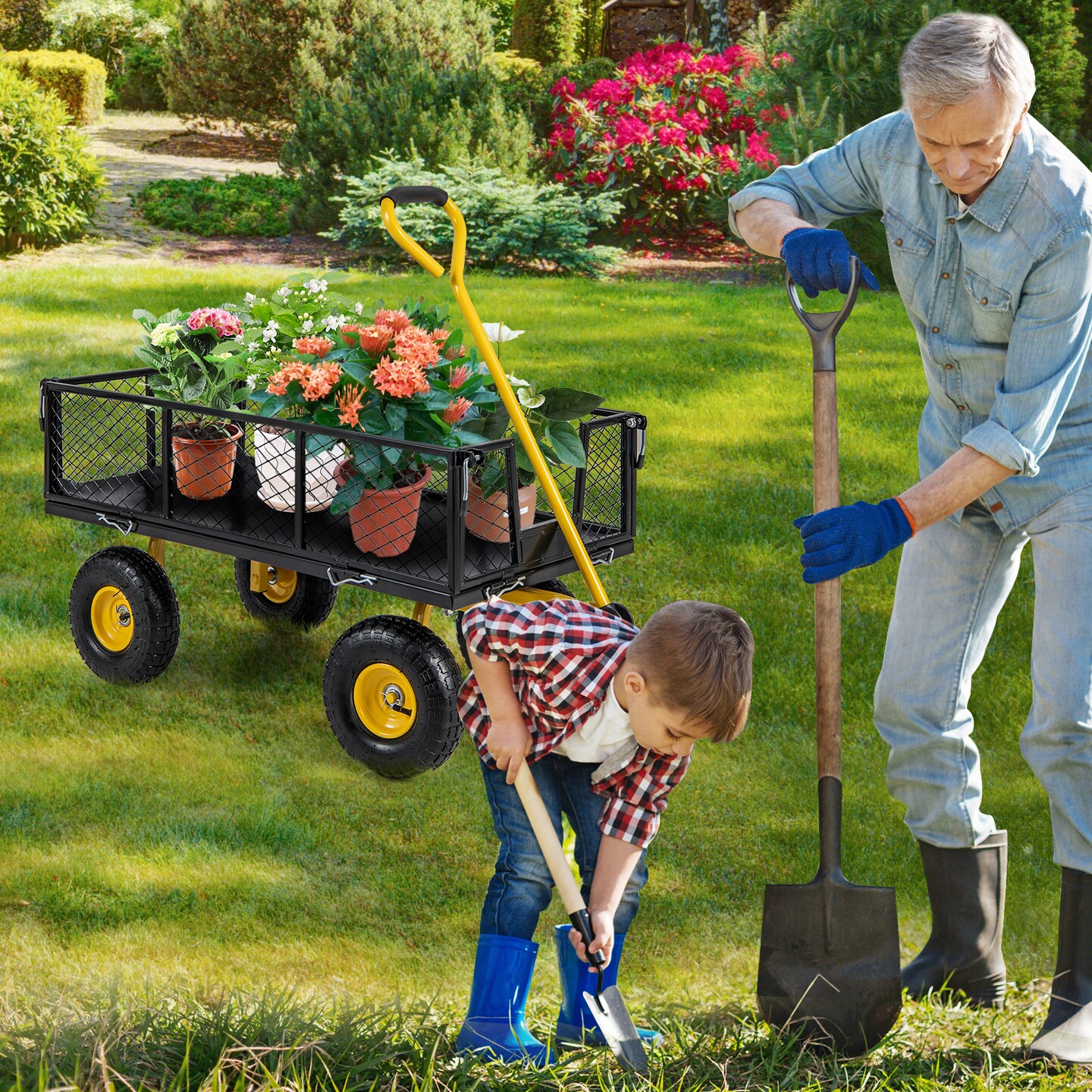Steel Garden Wagon with Adjustable Handle, High Load Capacity and 3-in-1 Design