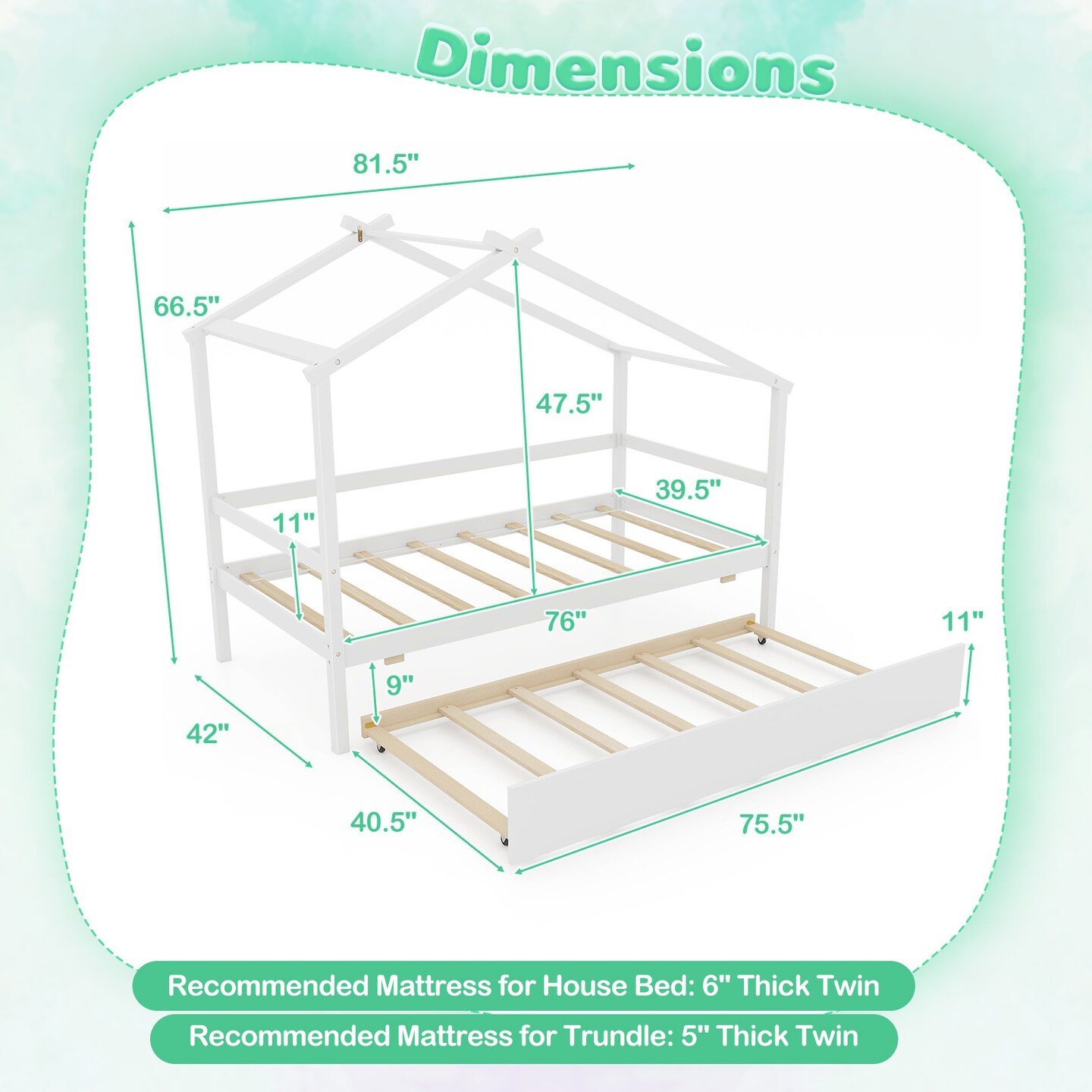 Pine Wood Twin Size House Bed with Trundle, DIY Roof, Slat Support and Safe Design
