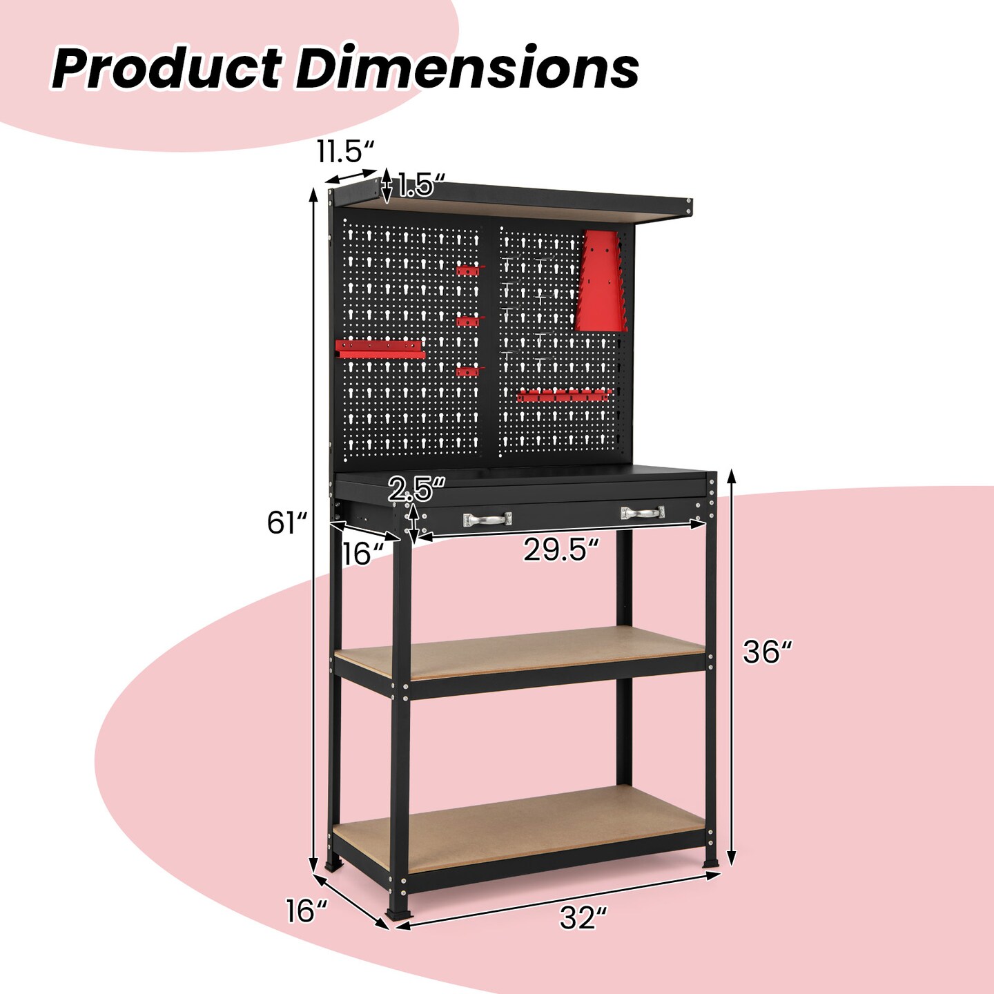 Freestanding Tool Storage Workbench with Pegboard with 14 Hanging Accessories and 2 Drawers