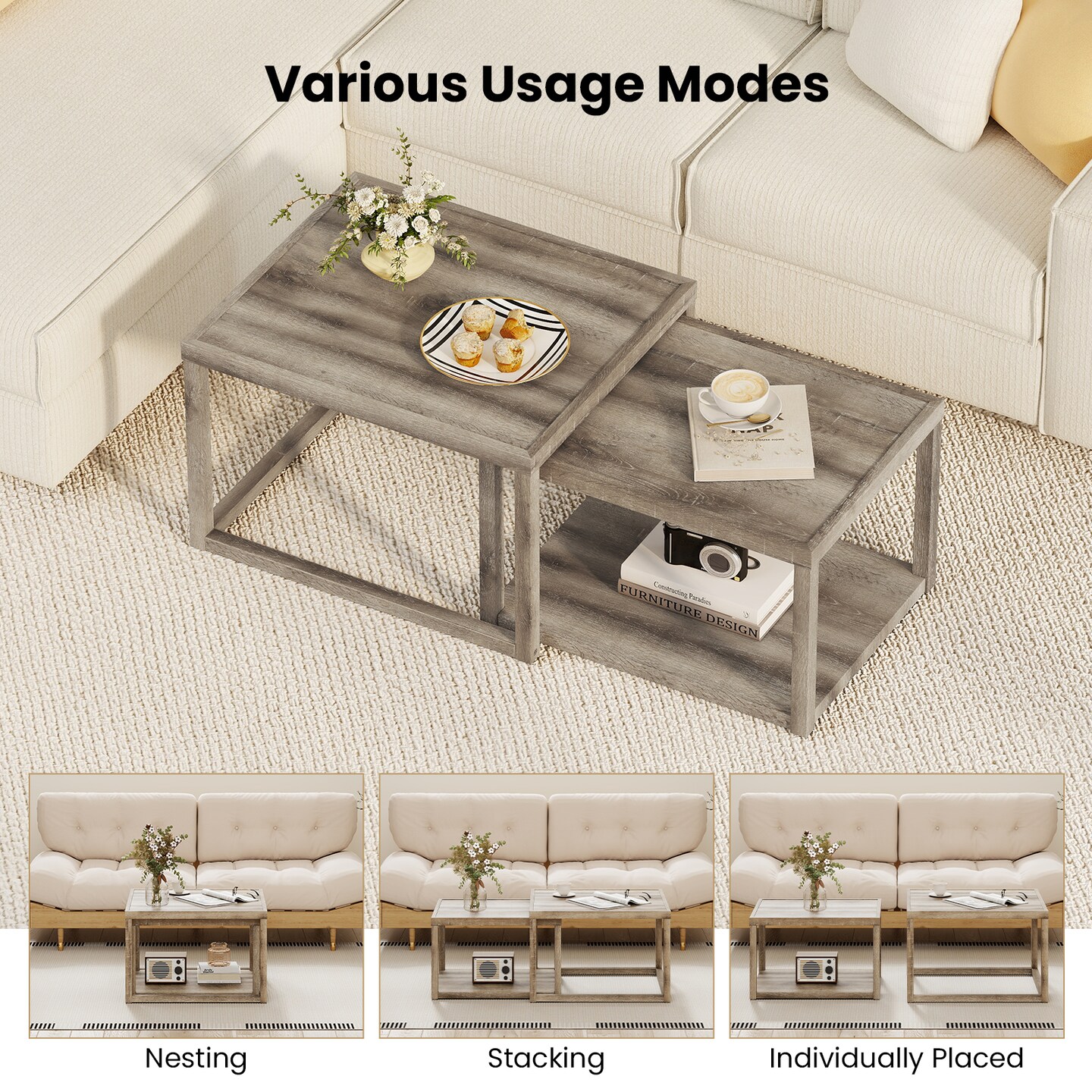 Stack able Nesting Coffee Table Rectangular End Tables Set of 2