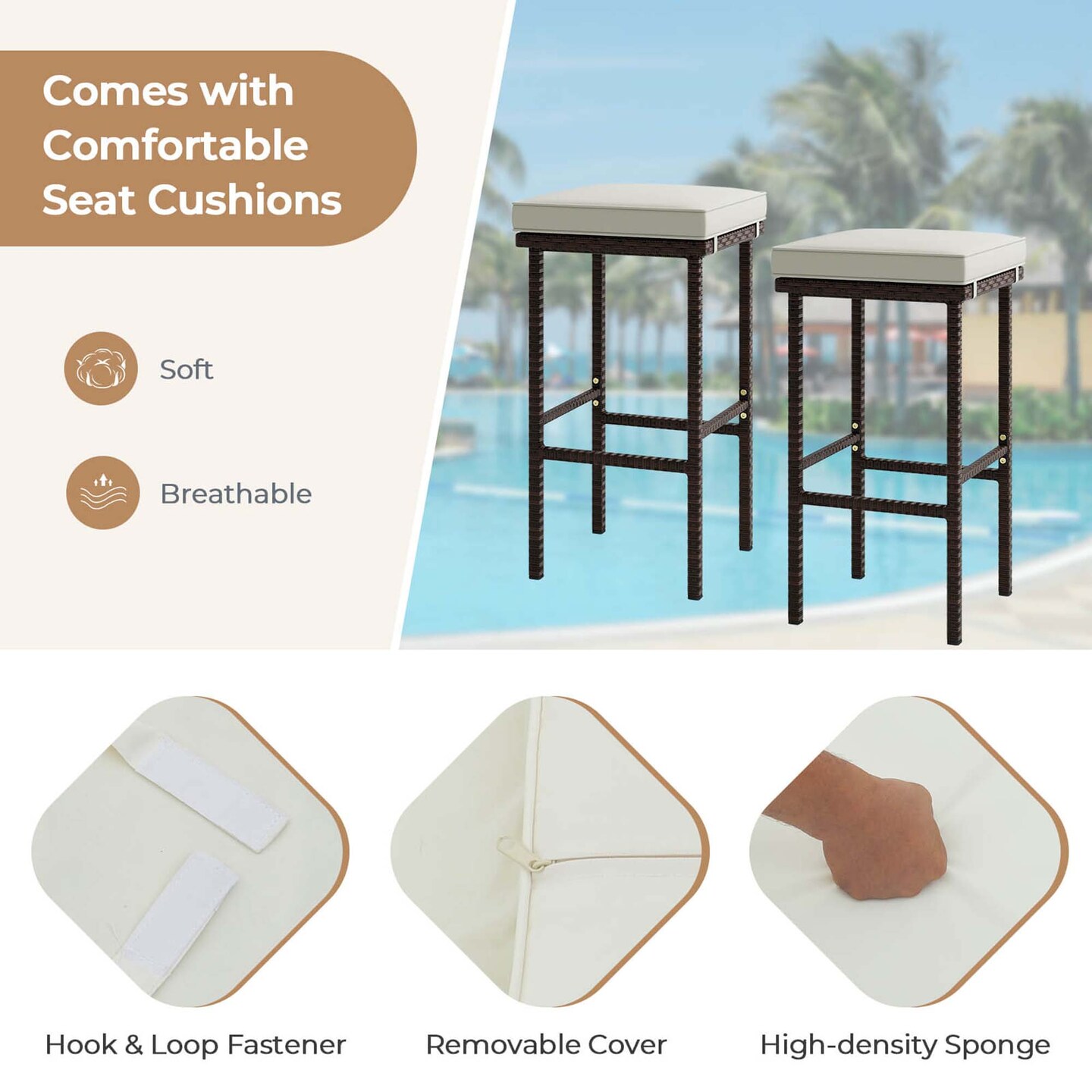 Costway Wicker Bar Stools Set of 2 with Removable Seat Cushions Footrest Support 400 LBS