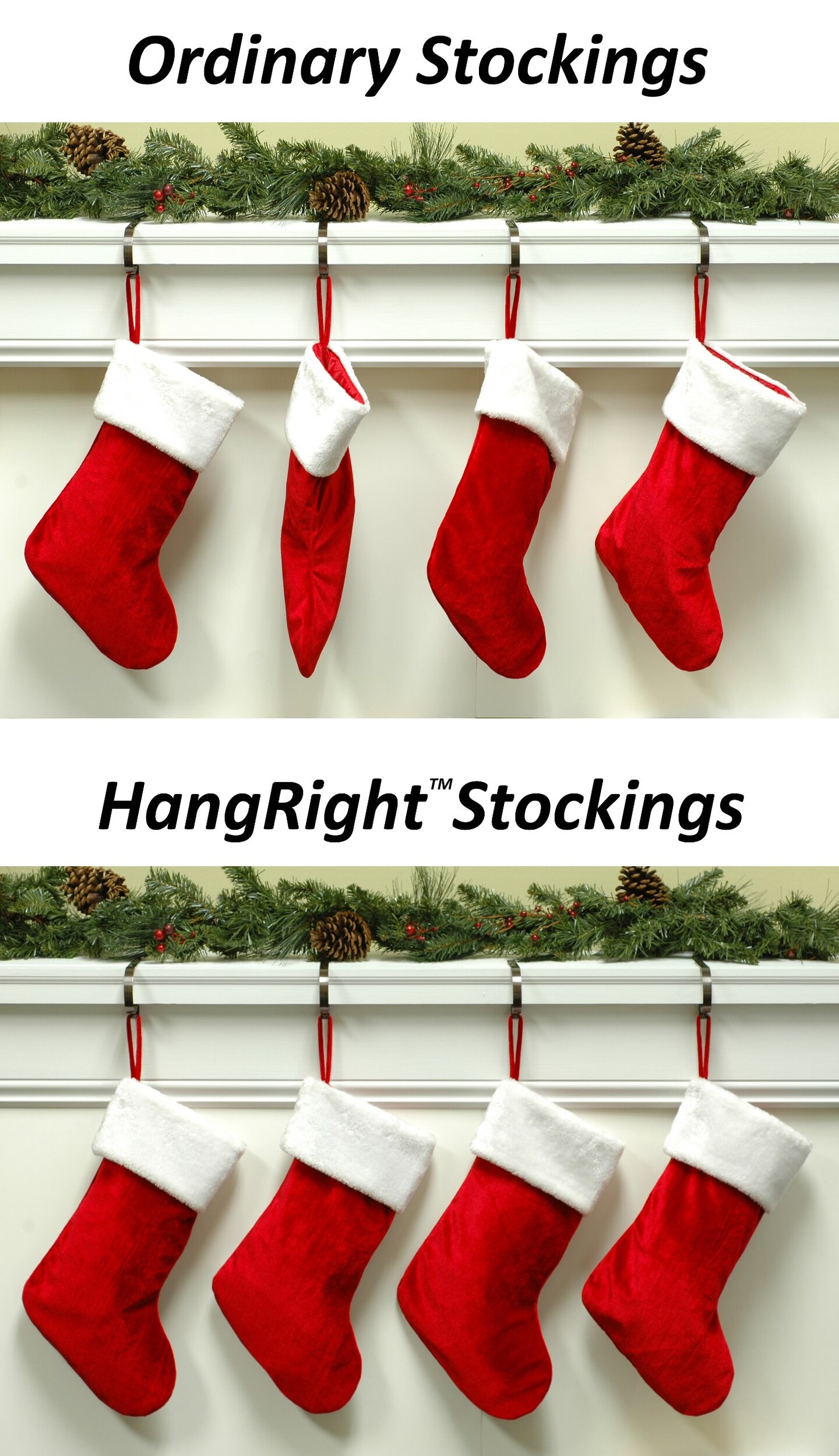Haute Decor Velveteen Dark Green HangRight Stocking with White Cuff - 20 inches - 2-Pack - Classic Christmas Stockings That Hang Just Right from Your Holiday Mantel