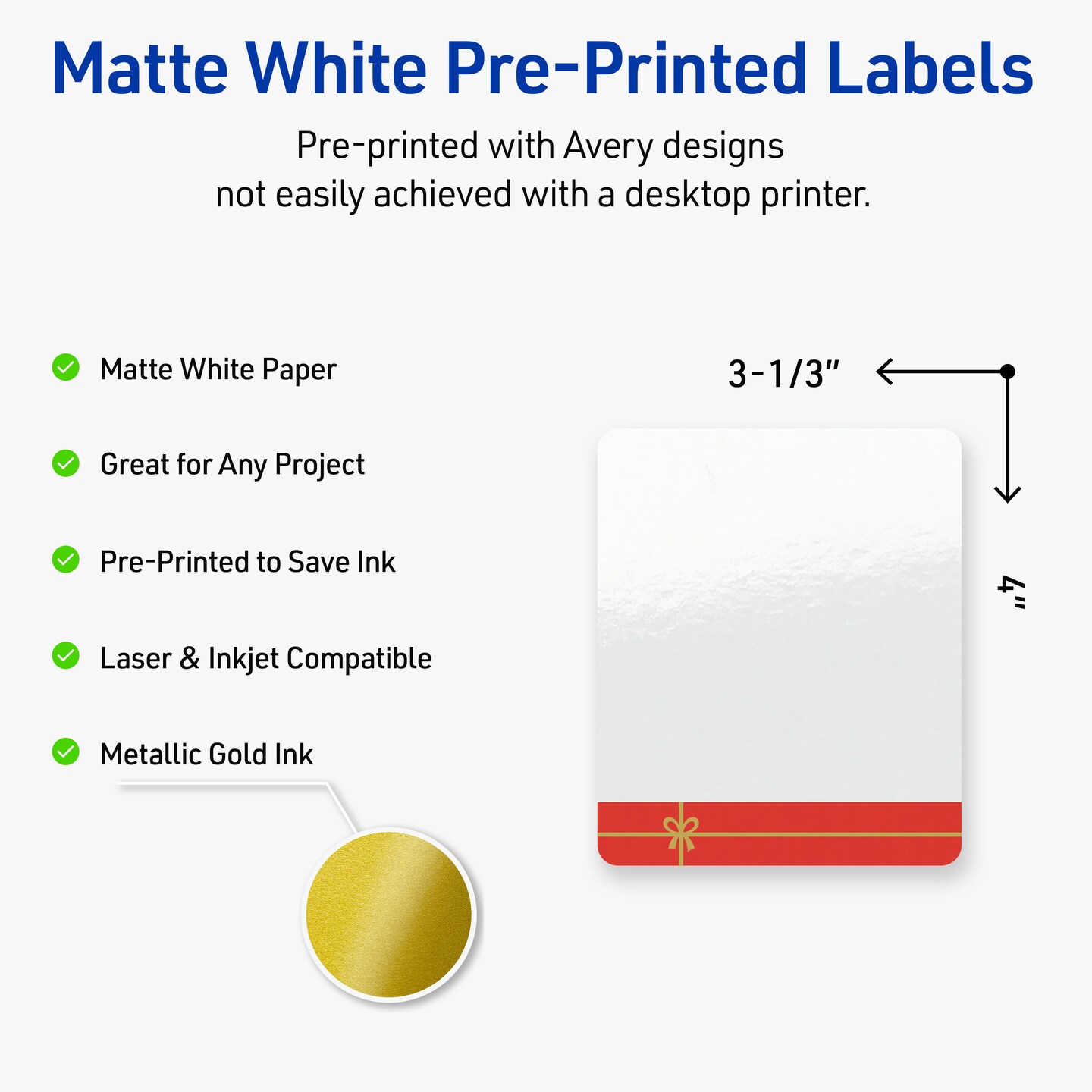 Avery Printable Labels with Sure Feed Technology, Rectangle, 4" x 3-1/3", Pre-Printed Red Gift with Metallic Gold Bow Design, Glossy White, Laser & Inkjet Compatible, 40 Total