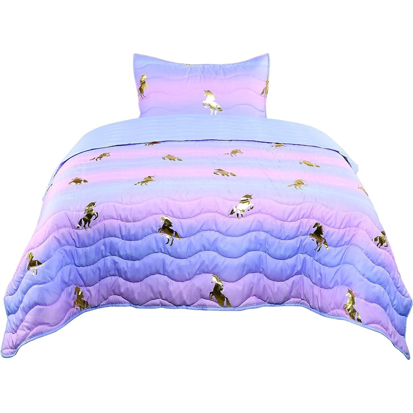 Tadpoles 2-Piece Girls Unicorn Quilt Set | 1 Twin Bed Size Quilt &#x26; 1 Standard Sham | Made of 100% Micro-denier Polyester Fiber | Soft, Smooth &#x26; Durable | Ideal for Teens | Metallic Gold Unicorns