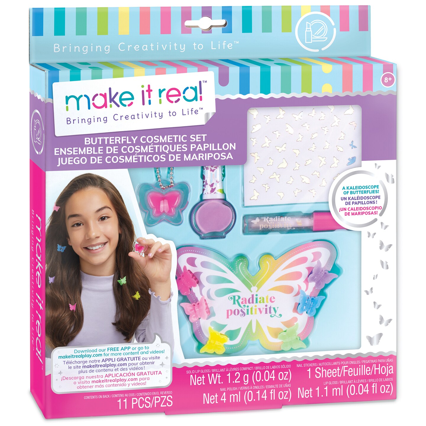Make It Real: Butterfly Dreams Cosmetic Set - 11 Pieces, Tweens &#x26; Girls, Includes 6 Butterfly Hair Clips, Polish, Nail Stickers, 2 Lip Gloss &#x26; Instructions, A Kaleidoscope Of Butterflies, Makeup &#x26; Beauty, Kids Ages 8+