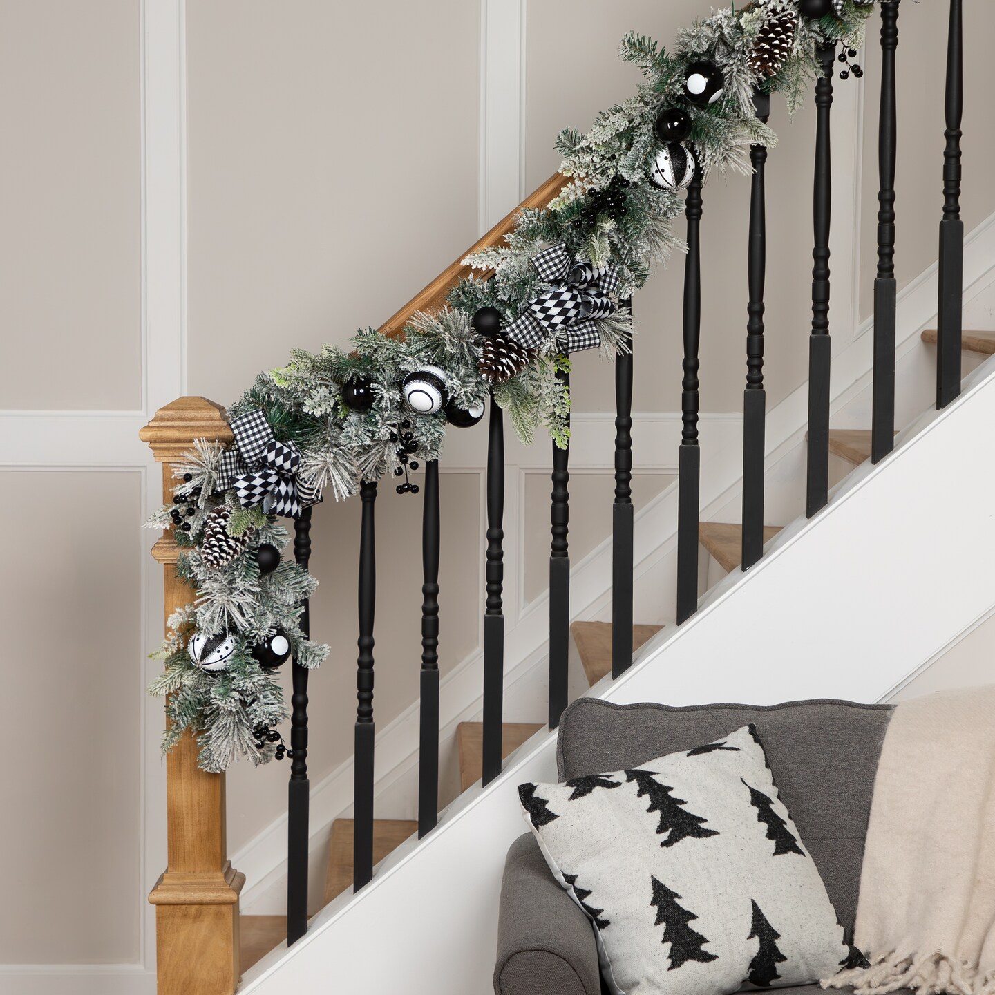 Northlight Flocked Pine with Harlequin Ornaments and Bows Artificial Christmas Garland - 6' x 8" - Unlit